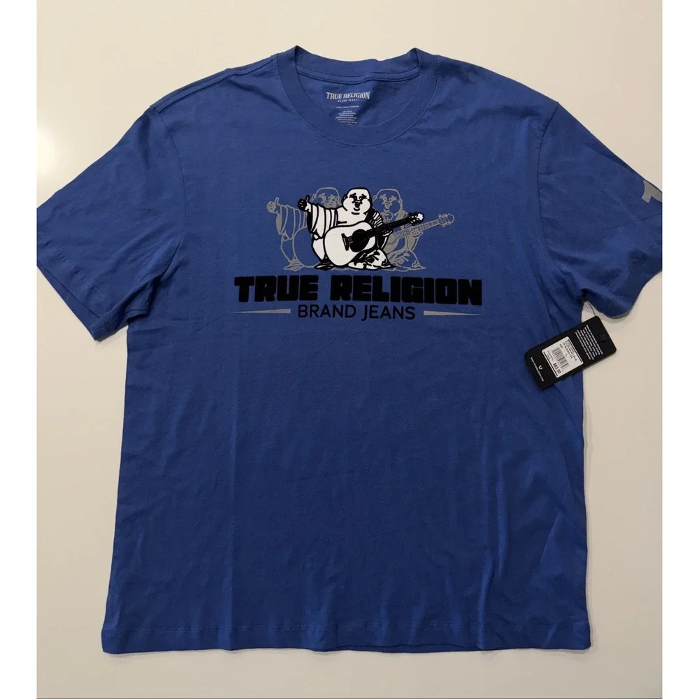 True Religion Tri Buddha Tee T-Shirt Mens L Galaxy Blue Distressed 700843